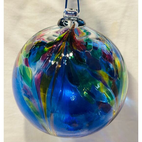 Glass Art Studio Hand Blown  Blue, Yellow, Purple, Green Ornament Size 7”x7” - Picture 6 of 10